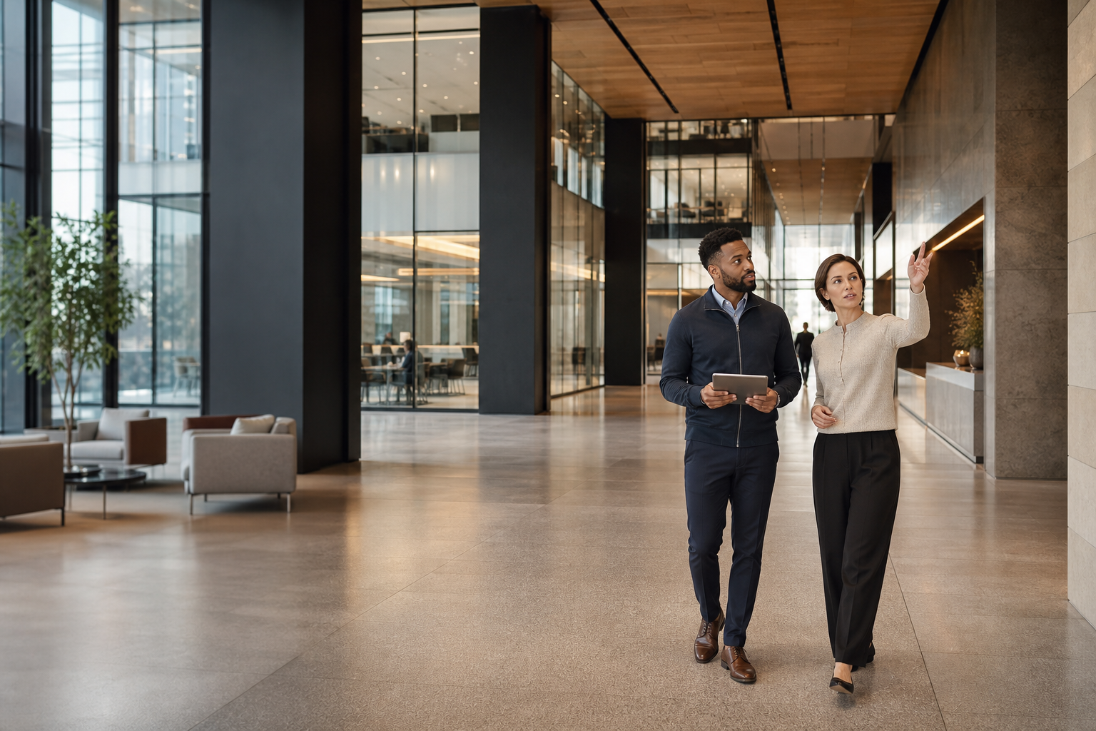 A facility manager and operations lead assessing a modern commercial property