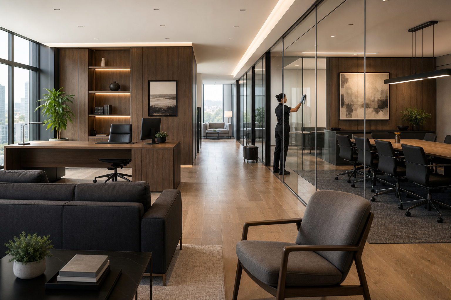 A commercial cleaning professional caring for a modern office